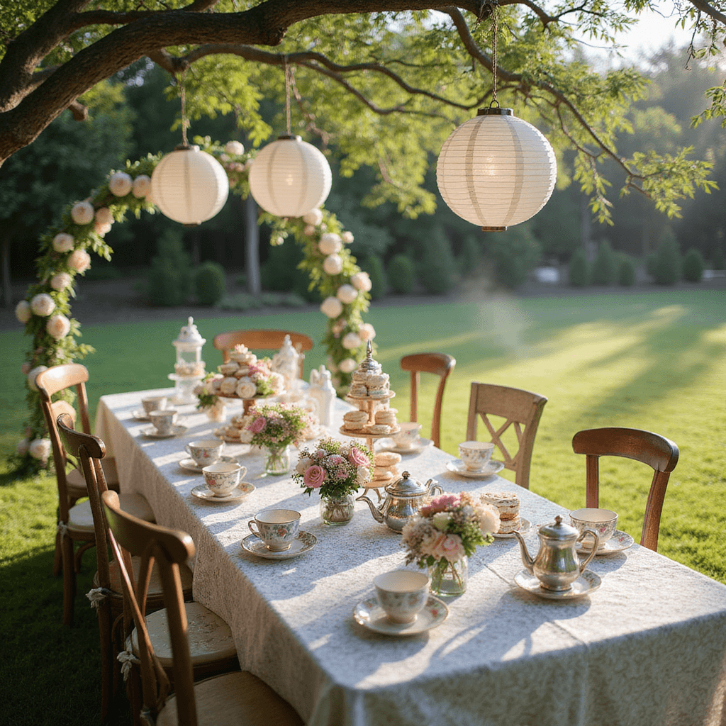 Sizzling Summer Birthday Party Ideas: Your Ultimate Guide to Unforgettable Celebrations A whimsical garden tea party adorned with mismatched vintage chairs and a long wooden table draped in a lace tablecloth, featuring an array of pastel macarons, cucumber sandwiches, and scones on tiered cake stands. Antique floral-patterned teacups accompany gleaming silver teapots, while wildflowers in mason jars add color. A floral arch and hanging paper lanterns enhance the dreamy, soft-focused scene, with dew-kissed roses and morning mist on the lush green lawn.