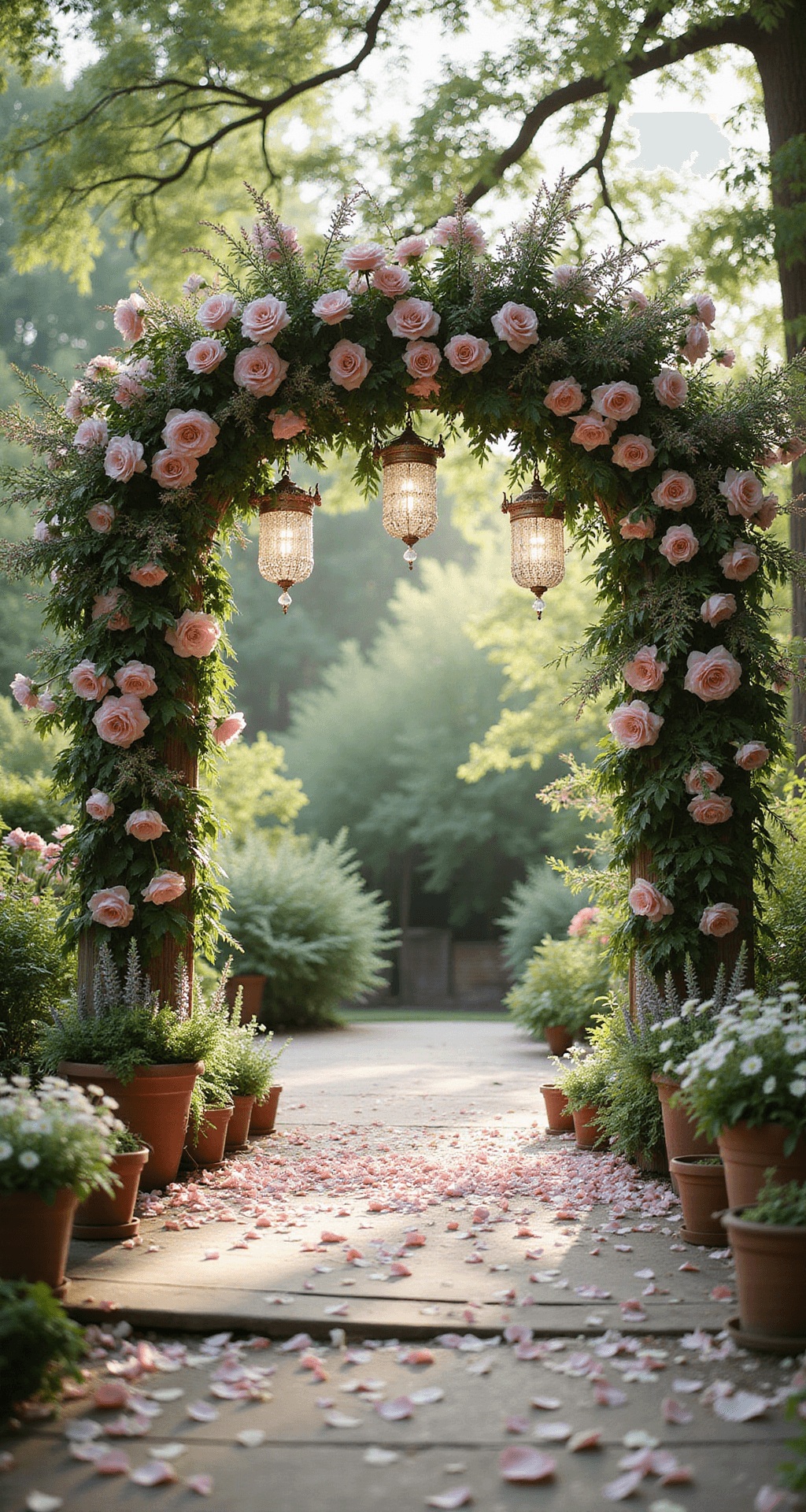 A whimsical garden ceremony setting with a lush wooden arch adorned with pastel blooms, vintage chandeliers hanging from tree branches, and potted herbs lining the aisle, captured from a guest's perspective in soft morning light.