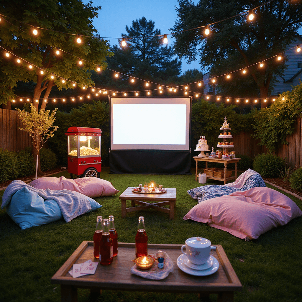 A vibrant outdoor cinema setup for a 13th birthday party in a lush backyard at twilight, featuring a large screen surrounded by cozy pastel-colored bean bags and blankets, a glowing vintage popcorn machine, a dessert cart with movie snacks and a tiered birthday cake, twinkling fairy lights in the trees, and a low table with soda bottles and custom movie ticket stubs.