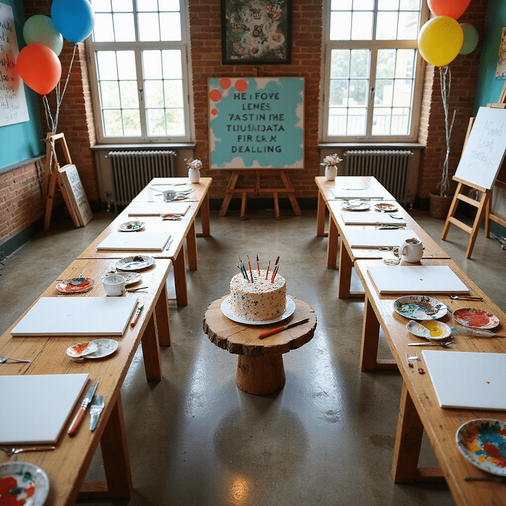 An overhead view of an art workshop party for a 13th birthday in a sun-drenched loft, featuring U-shaped wooden tables with blank canvases, colorful paint palettes, and personalized brushes. The walls are decorated with inspiring artwork and quotes, while large windows flood the space with light. A paint-splattered birthday cake is centered on a wooden stand, surrounded by vases of paintbrushes, easels with artwork, and whimsical artist palette-shaped balloons.