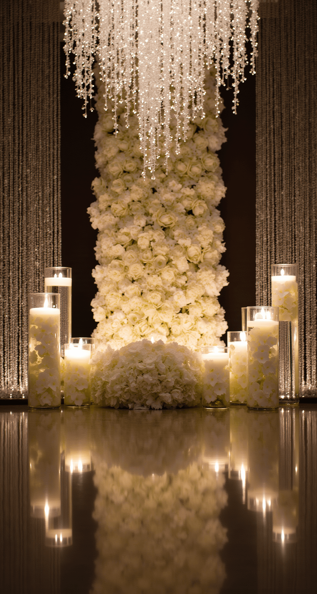 An elegant ballroom altar arrangement featuring tall glass cylinders with submerged orchids and floating candles, flanking a central floral wall of white hydrangeas and phalaenopsis orchids, set against shimmering crystal curtains. The scene is illuminated by pin-spotting, highlighting the cascading chandelier installation of baby's breath and twinkling lights, with mirrored surfaces reflecting the warm candlelight.