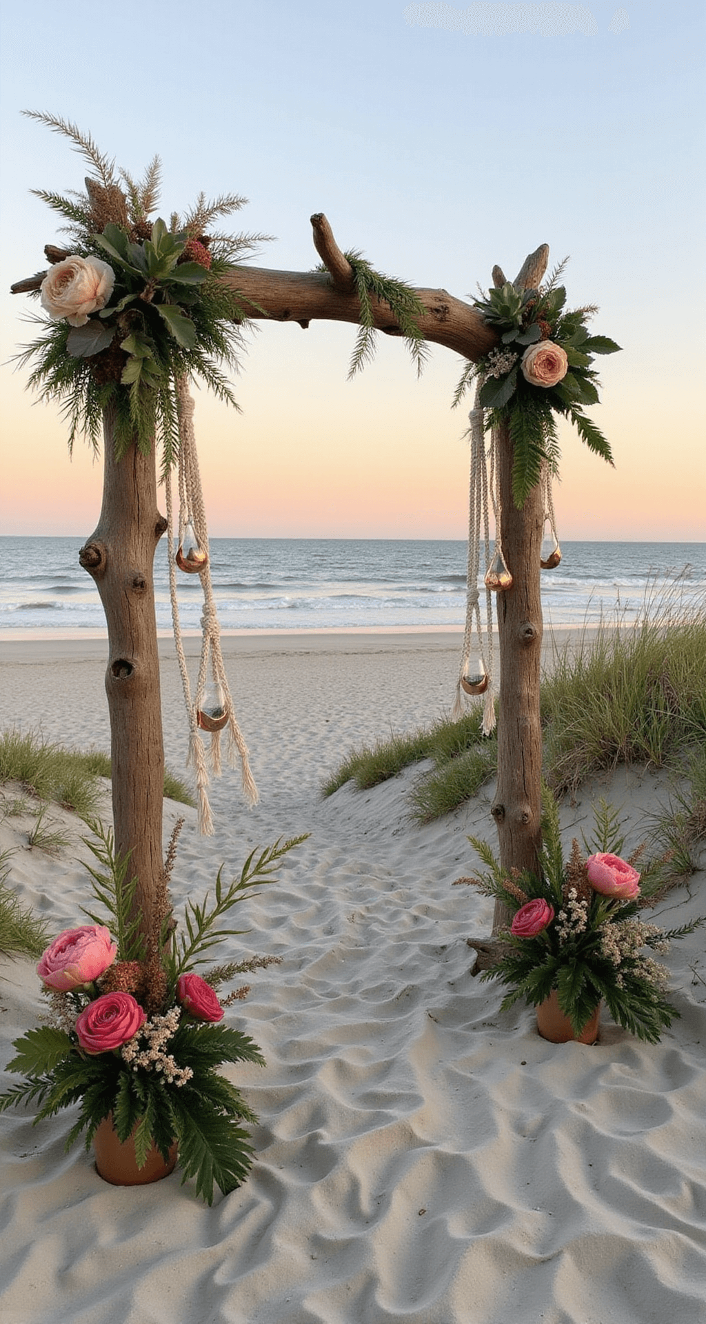 A bohemian beach ceremony setup at sunset, featuring a driftwood arch adorned with pampas grass, protea, and air plants, complemented by macramé hangings and copper geometric terrariums, with asymmetrically arranged coral charm peonies, set against a textured sand foreground and gradient sky, framed by sea oats.