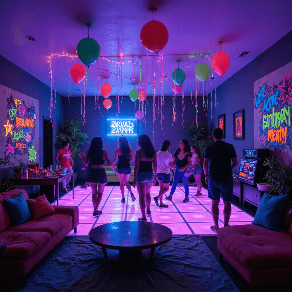 A vibrant glow-in-the-dark dance party for a 13th birthday, featuring a transformed living room with neon graffiti art, illuminated dance floor, colorful lounge areas, a DJ booth with pulsating lights, and a festive canopy of balloons and streamers, all under ultraviolet lighting.