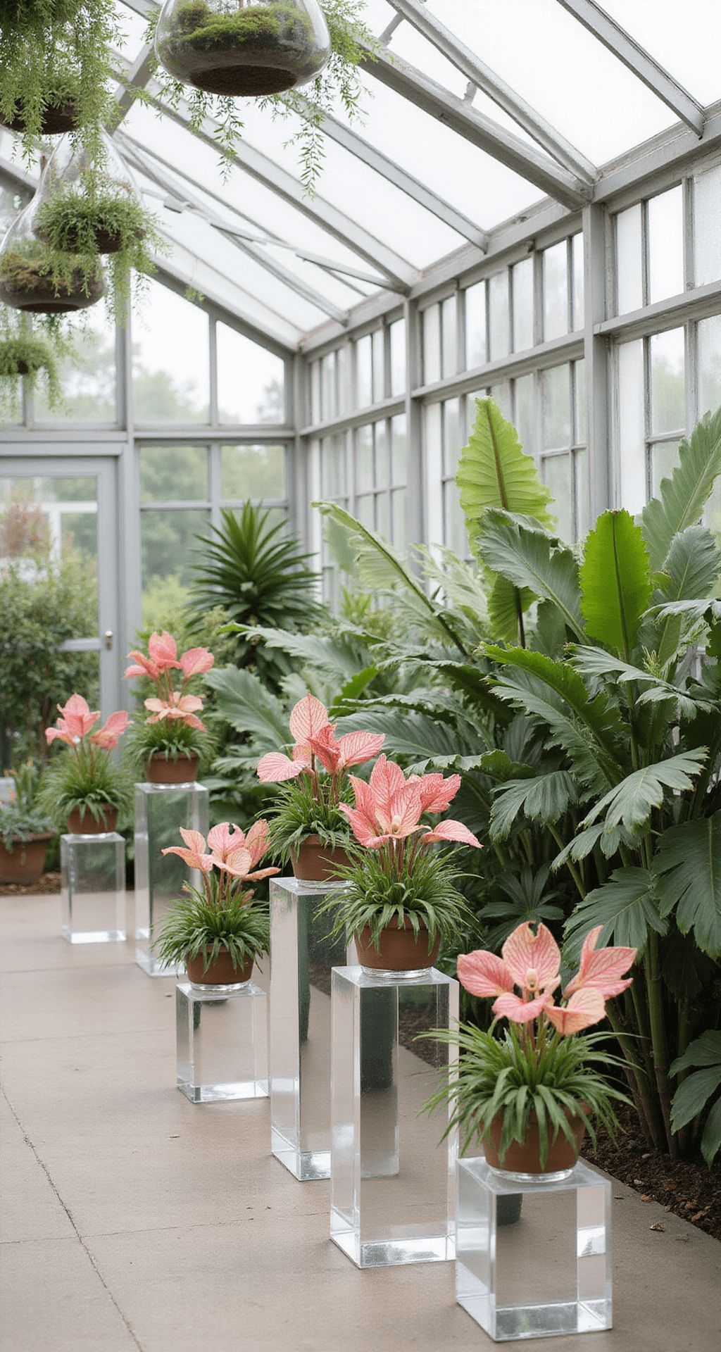 A modern greenhouse ceremony space with clear acrylic pedestals displaying floating arrangements of anthuriums, orchids, and tropical foliage, surrounded by geometric hanging terrariums filled with air plants. The glass walls reflect and refract natural light, enhancing the floral displays.