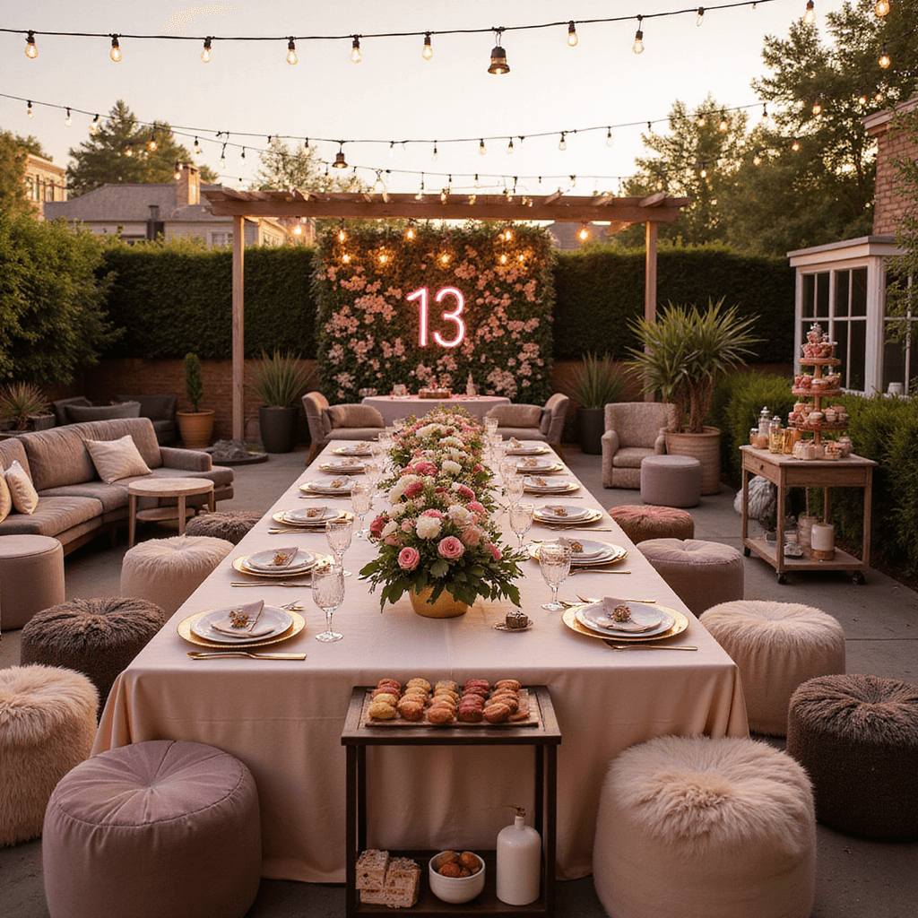 A beautifully decorated rooftop garden for a chic 13th birthday celebration, featuring a long farmhouse table with blush linen, gold flatware, and crystal glasses, surrounded by floral centerpieces in pink and cream. Cozy seating areas with velvet poufs and fur throws are nearby, while a flower wall with a neon '13' sign serves as a photo backdrop. Overhead fairy lights and lanterns create a magical atmosphere, and a stylish bar cart displays mocktails and a tiered macaron tower.