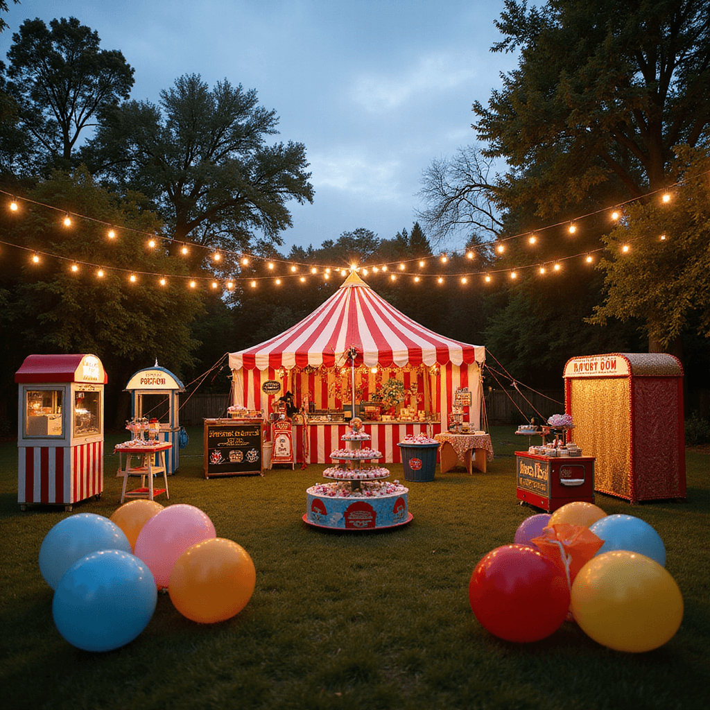 A vibrant carnival-themed backyard birthday party for a 13-year-old, featuring a red and white striped tent with a popcorn machine, colorful game booths, edison bulbs overhead, a rotating dessert display, and a vintage photo booth with a gold backdrop, all surrounded by helium balloons.