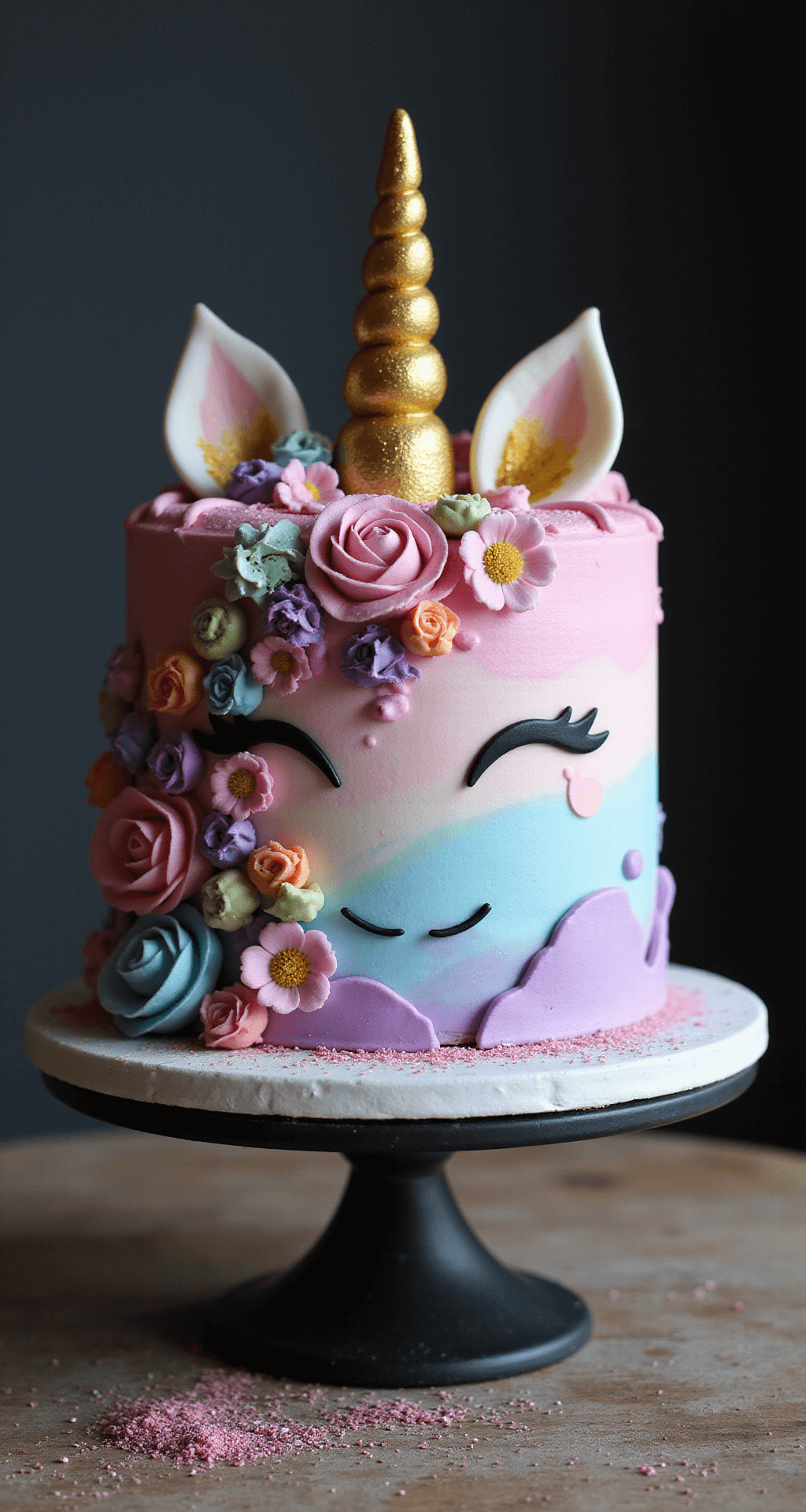 A colorful unicorn-themed birthday cake with pastel swirled buttercream, a golden fondant horn, cascading sugar flowers, edible glitter, and rainbow macarons on a rotating stand.