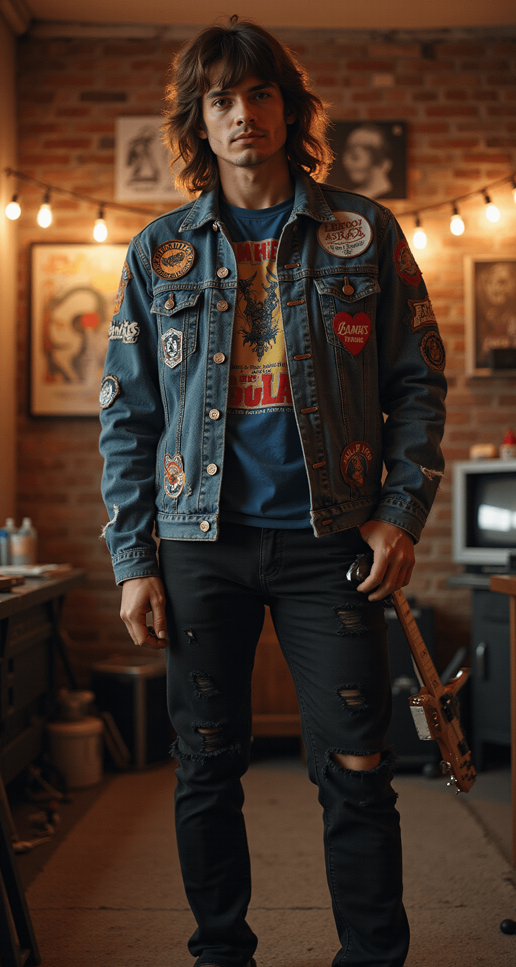 A tall man in a dimly lit industrial loft, wearing a distressed denim jacket with 80s patches, ripped black jeans, and a mullet wig, perfecting his Eddie Munson costume with a prop guitar. Vintage band posters and string lights enhance the moody atmosphere.