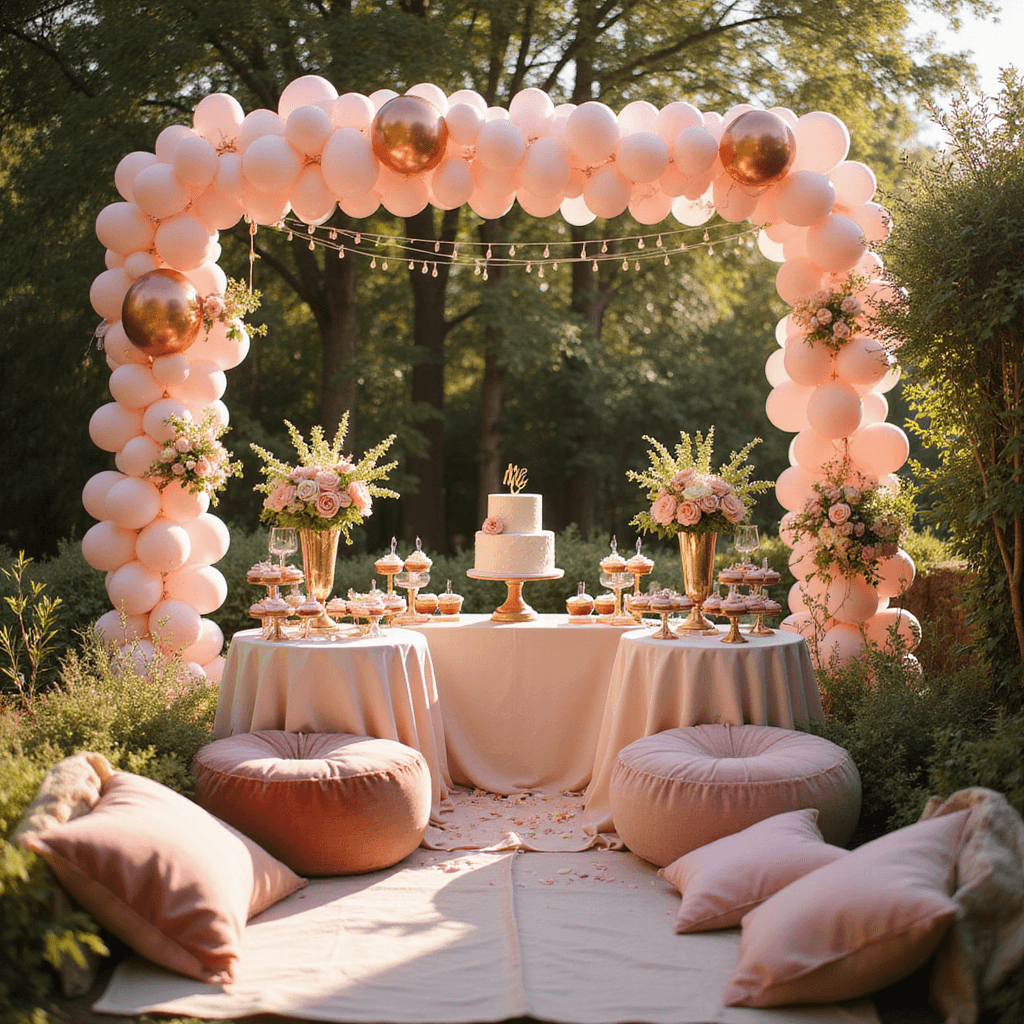 A vibrant garden party setting for a little girl's first birthday, featuring a soft rose gold balloon arch, a beautifully arranged dessert table with a statement cake, cupcakes, and macarons, delicate floral centerpieces, twinkling fairy lights, and a milestone photo display, all bathed in warm golden hour light.