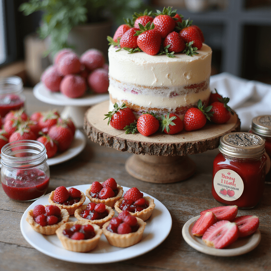 Close-up of a 'Berry Sweet Celebration' dessert cart featuring a tiered cake with strawberries and edible flowers, surrounded by ruby-red cake pops, berry-filled tarts, and mason jars of jam, all set against a blurred cozy indoor background with playful strawberry-themed decorations.