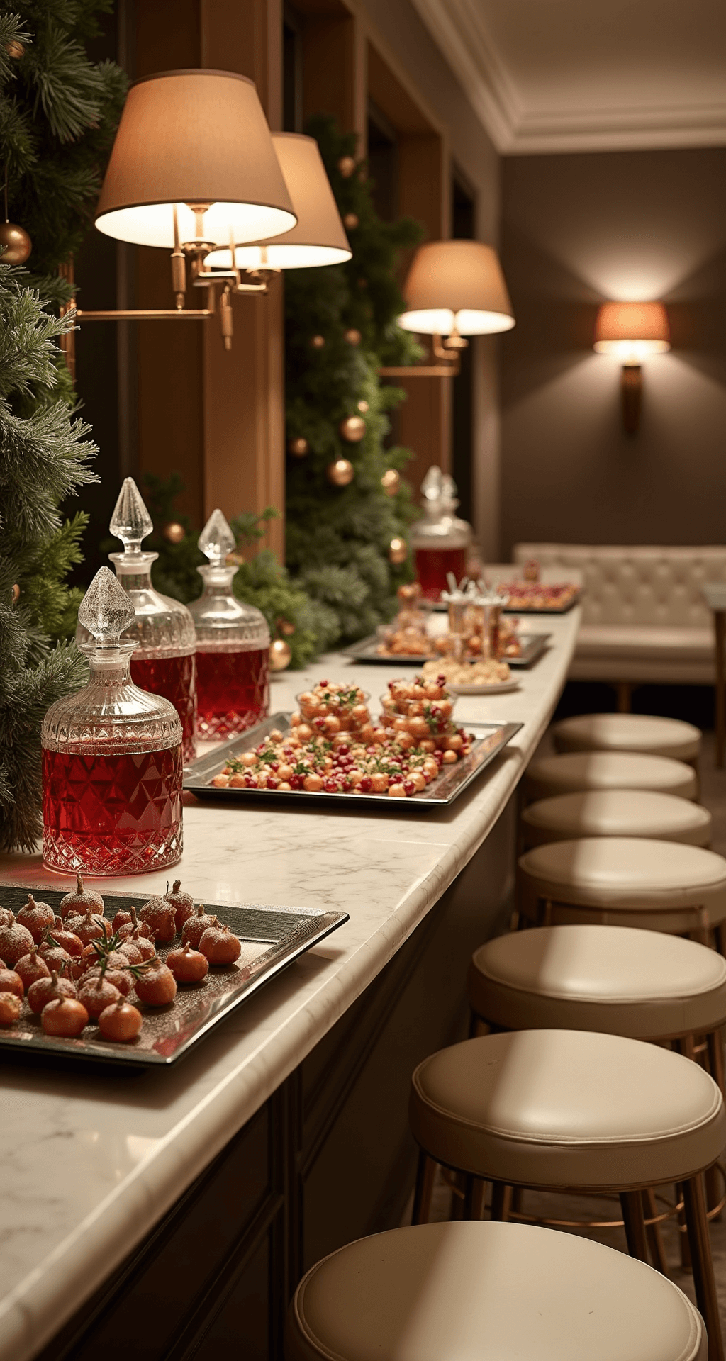 A Complete Guide to Planning Your Dream December Wedding & Celebration Luxury hotel winter cocktail hour with a marble bar adorned with frosted pine garlands and metallic ornaments, featuring crystal decanters of mulled wine under art deco sconces. Intimate seating with white leather banquettes and rose gold tables. An ice sculpture champagne station with illuminated display and fresh berries alongside appetizers on mirror trays.