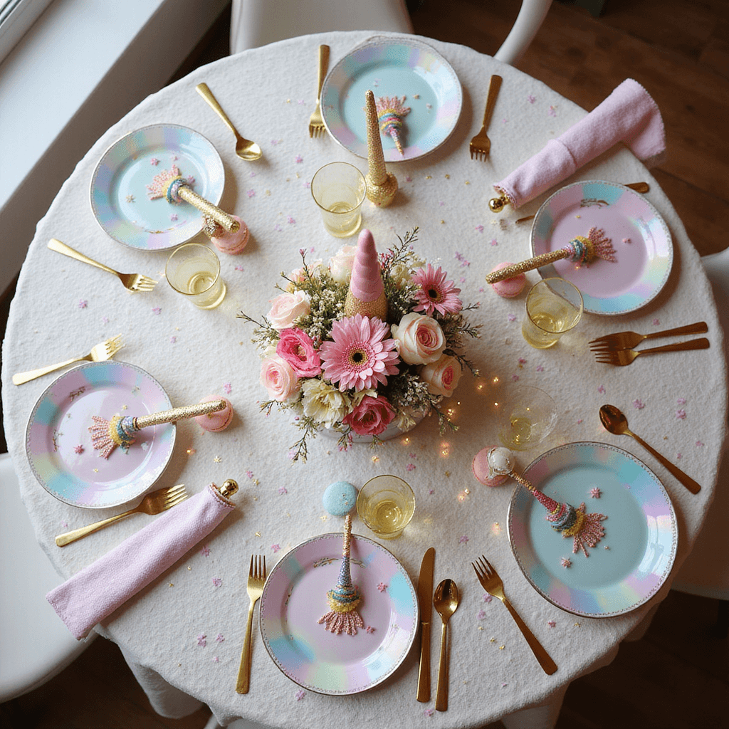 Overhead flat lay of a whimsical unicorn-themed table setting with a pastel tablecloth, iridescent plates, gold cutlery, personalized unicorn favors, a centerpiece of flowers and unicorn figurines, scattered macarons, confetti, and a unicorn cake topper, all bathed in soft natural light.