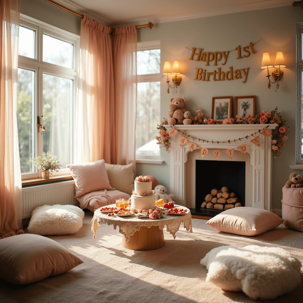 Cinematic wide shot of a cozy living room set for a first birthday celebration, featuring warm amber lighting, a low table with a smash cake and colorful fruit platters, plush floor cushions, sheer drapery with paper flowers, and a 'Happy 1st Birthday' banner above a decorated fireplace mantel. The color scheme includes cream, dusty rose, and hints of sage.