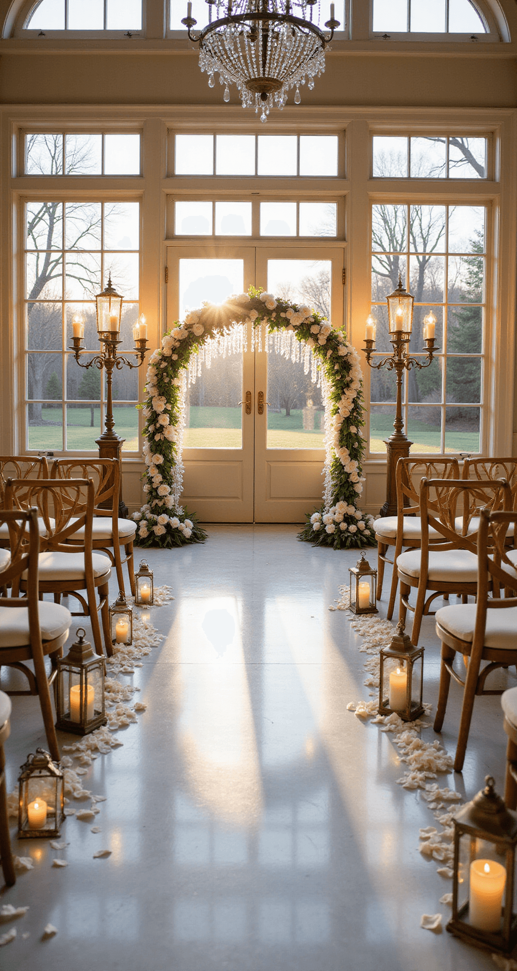 A Complete Guide to Planning Your Dream December Wedding & Celebration Ceremony setup in a historic mansion's conservatory during golden hour, featuring rows of cross-back chairs with cream cushions, an arch adorned with white roses and crystal strands, and an aisle lined with glass lanterns and rose petals, framed by Victorian windows, with vintage brass candelabras and sparkling crystal chandeliers illuminating the white marble floors.