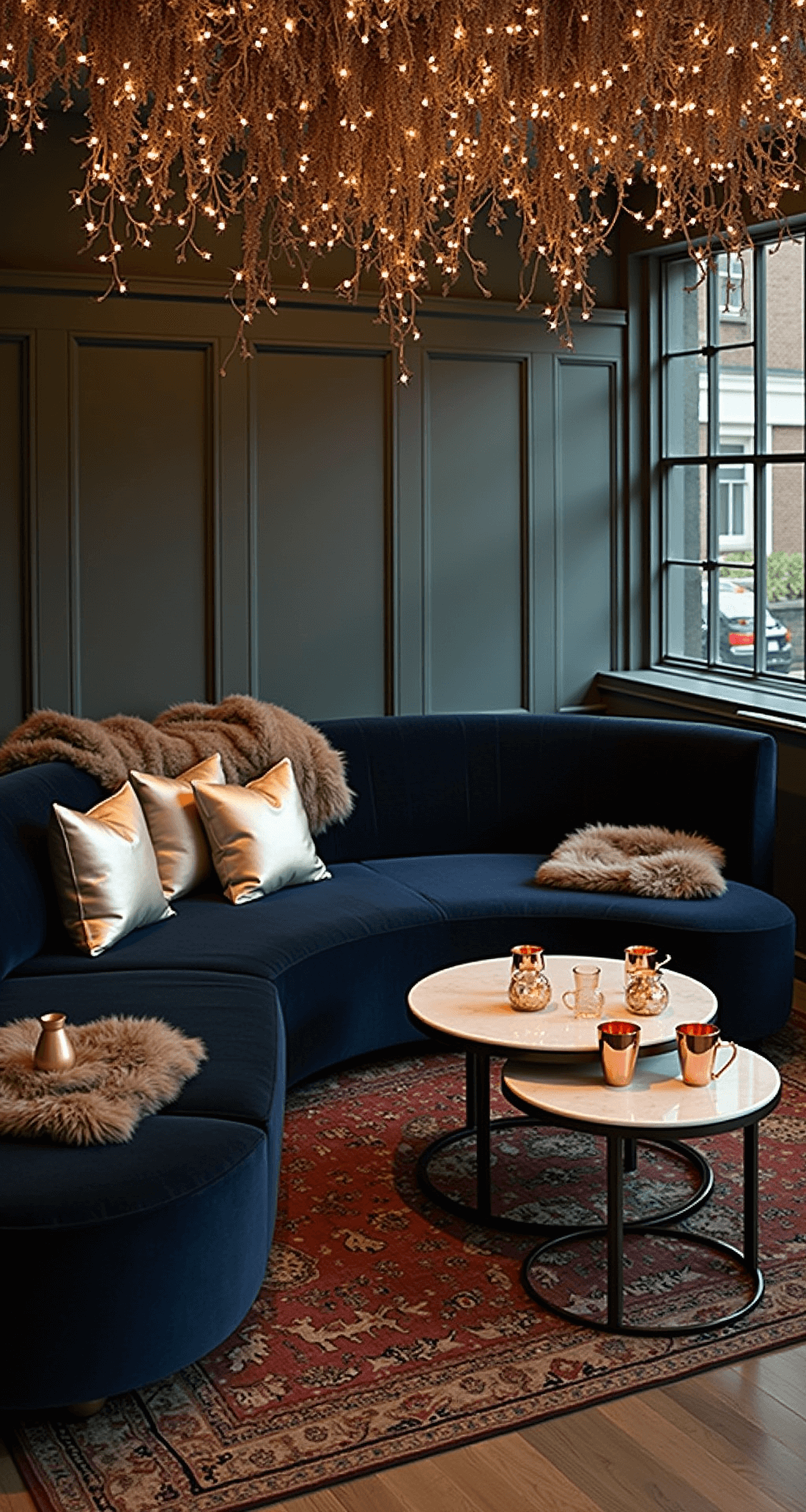 A Complete Guide to Planning Your Dream December Wedding & Celebration Cozy lounge area with deep navy velvet settees, low marble tables, faux fur throws, metallic pillows, and vintage mercury glass votives. A mobile bar cart displays copper mugs and garnishes, while an installation of dried winter branches with lights creates an enchanted atmosphere over vintage Persian rugs.