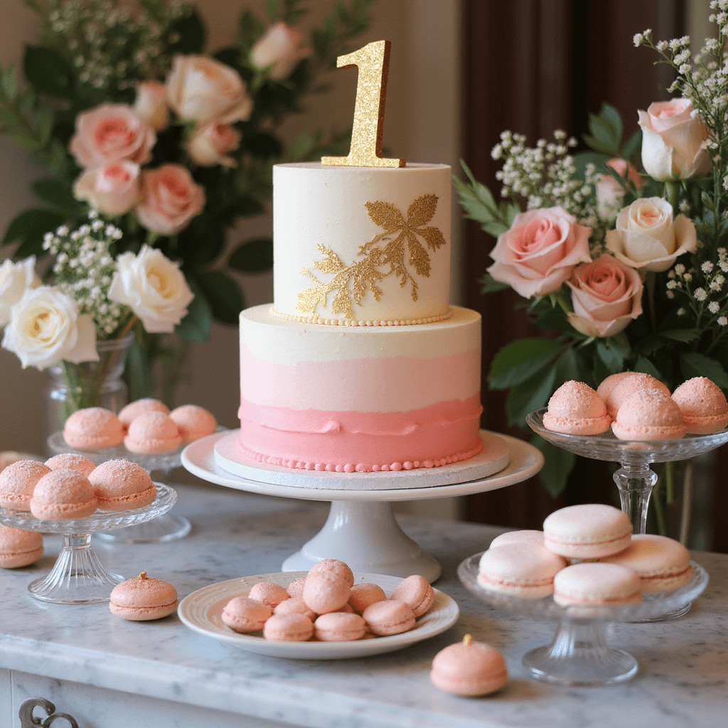An elegant dessert display for a 'Onederful' themed party featuring a three-tiered ombré cake in blush and cream, adorned with gold leaf and a '1' topper, surrounded by pink champagne truffles, vanilla bean macarons, and rose-flavored meringues on varying height glass stands, accented with fresh roses and baby's breath on a marble countertop under warm lighting.