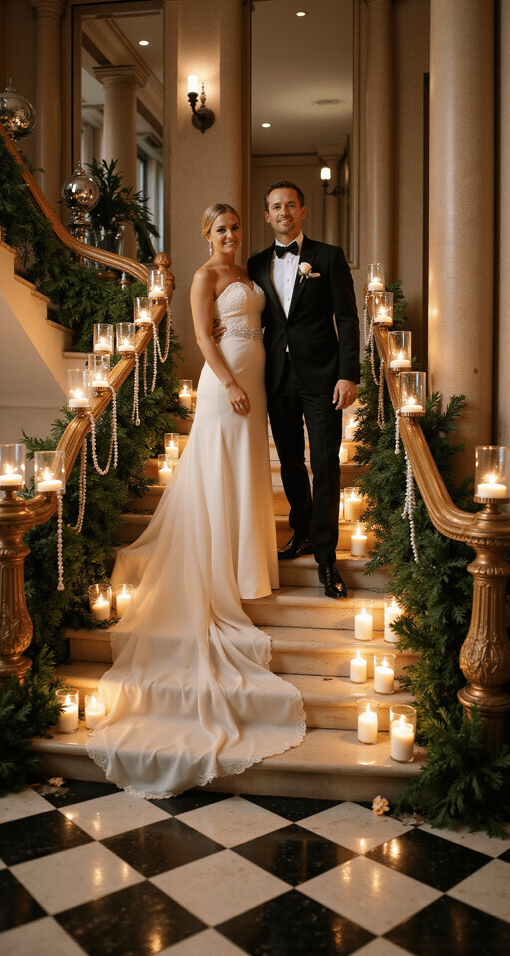 A Complete Guide to Planning Your Dream December Wedding & Celebration A bride and groom pose on a grand staircase adorned with greenery and pillar candles, under dramatic evening light, with an ornate gold handrail, suspended silver ornaments, and a classic black and white checkered floor.