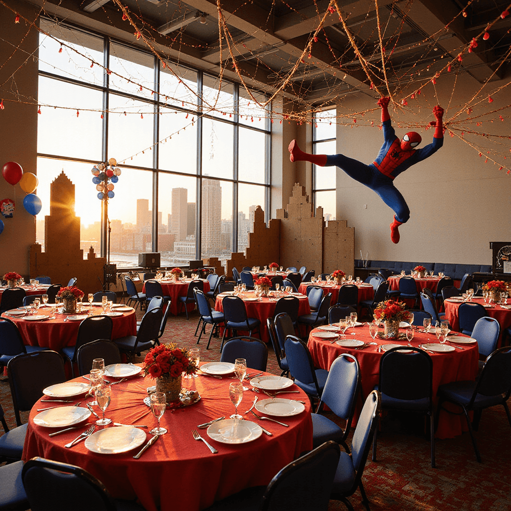 A vibrant indoor ballroom decorated as a Spider-Man cityscape, featuring yarn webs, balloon arches, a cardboard skyline backdrop, web-patterned table linens, comic book centerpieces, and a large Spider-Man cutout. A DIY mask creation station is bustling with young superheroes.