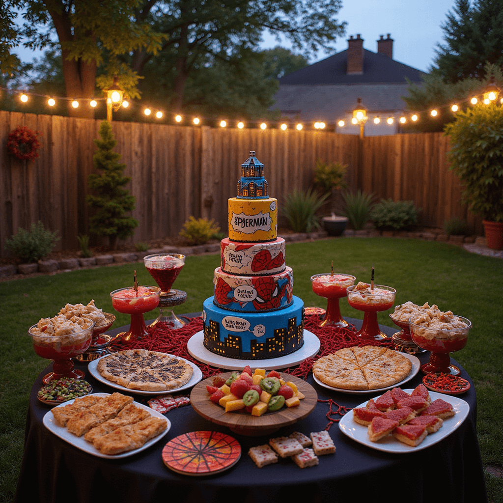 A whimsical backyard oasis at dusk adorned with twinkling fairy lights, featuring a handcrafted obstacle course with rope bridges and foam buildings, a grand comic book-style cake with action panels, a dessert table with themed snacks, and kids joyfully navigating a red yarn 'laser' maze.