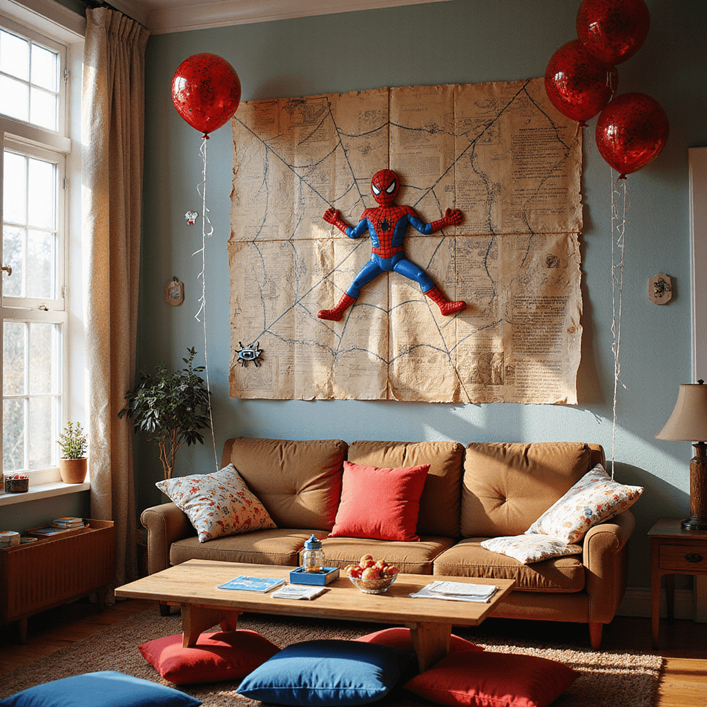 A cozy living room filled with afternoon sunlight, playfully decorated for a Spider-Man celebration. The walls feature oversized comic book pages and DIY webbing, with a 'Pin the Spider on Spider-Man' game prominently displayed. Red and blue plush floor cushions surround low tables for snacks, while a 'Peter Parker's secret lair' photo booth with lab coat props and a faux camera is set in the corner. Helium-filled Spider-Man balloons float above, their strings entwined in decorative webbing.