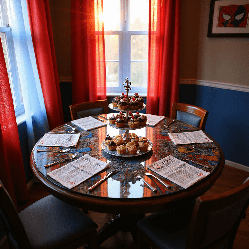 An intimate superhero-themed dining nook with golden hour light, featuring a round table adorned with comic book decoupage under glass, personalized 'Daily Bugle' placemats, spiderweb-shaped napkins, and a multi-tiered stand of themed treats, alongside a 'Superhero Survival Kit' station with mini web shooter gloves and comic book snippets.