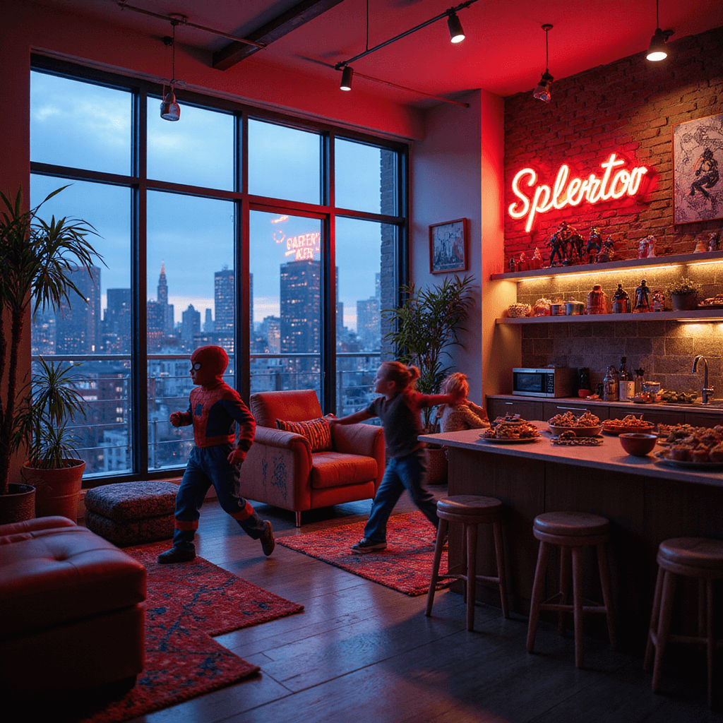 A modern apartment at twilight with neon Spider-Man signage, showcasing a scavenger hunt among web-covered furnishings, superhero-themed snacks, and kids in Spidey poses, against a city backdrop.