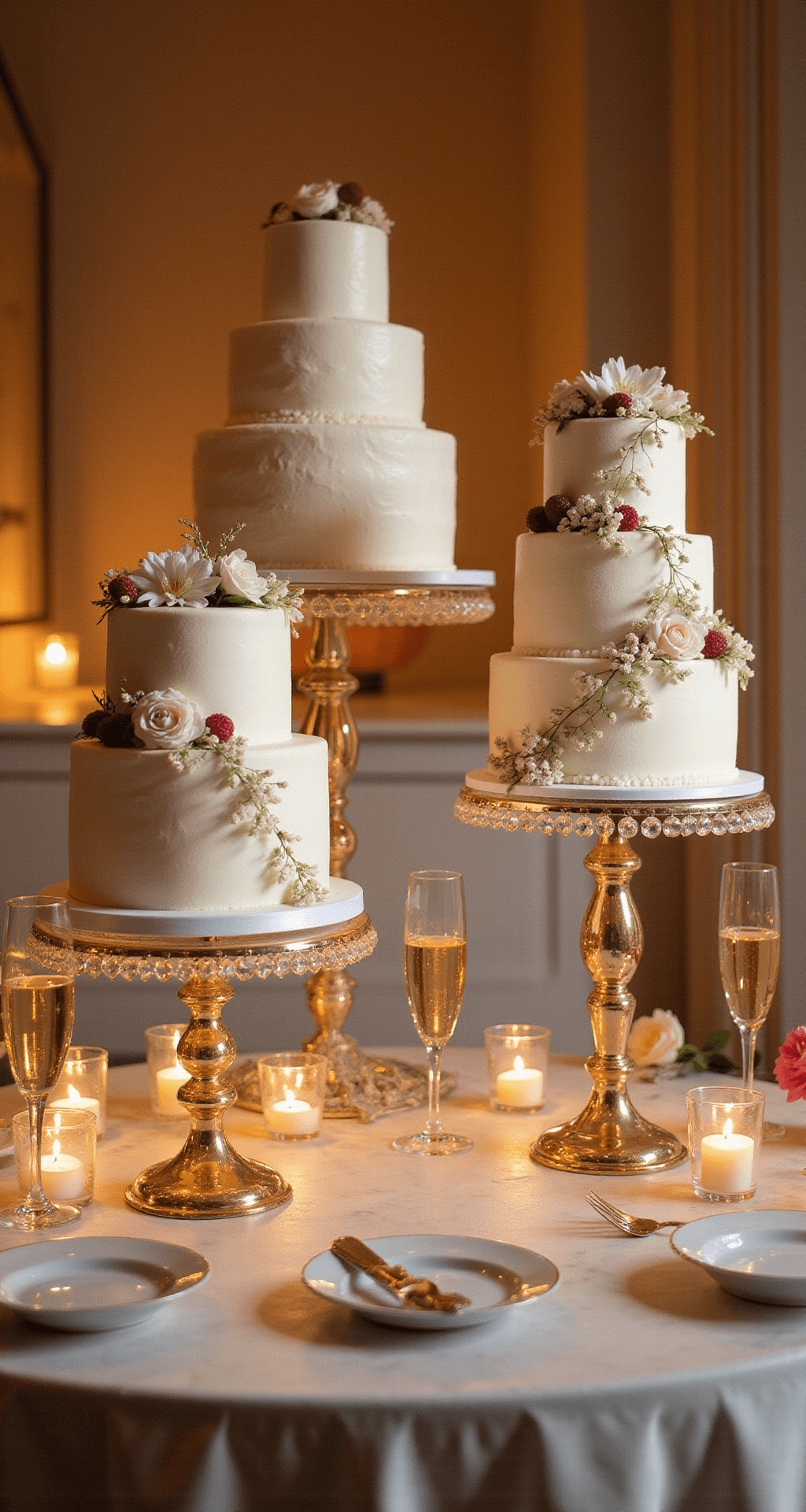 A sophisticated wedding cake display featuring multi-tiered cakes on crystal stands, adorned with delicate sugar flowers and fresh berries, set against a marble countertop illuminated by warm ambient lighting.
