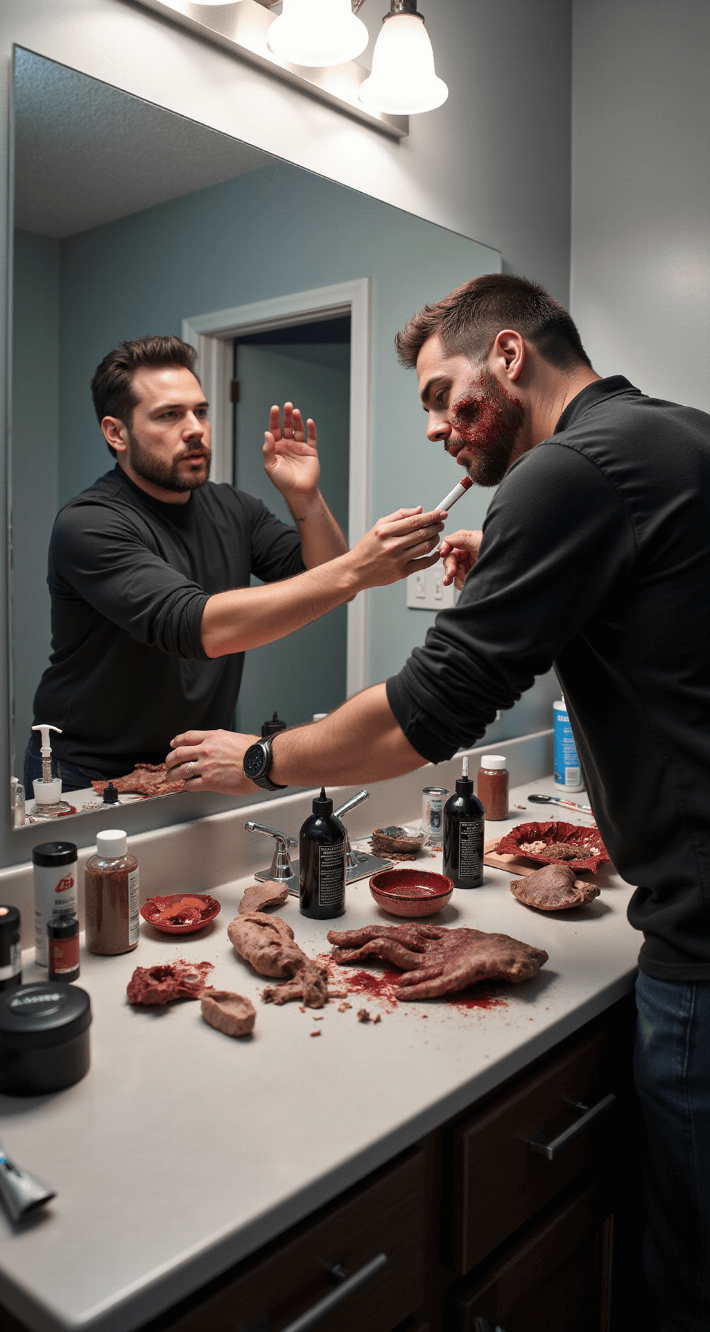 A man in a modern bathroom applies professional zombie makeup using an SFX kit, with organized supplies of liquid latex, fake blood, and prosthetics on the counter, alongside his torn costume pieces, captured in a close-up shot with beauty lighting.