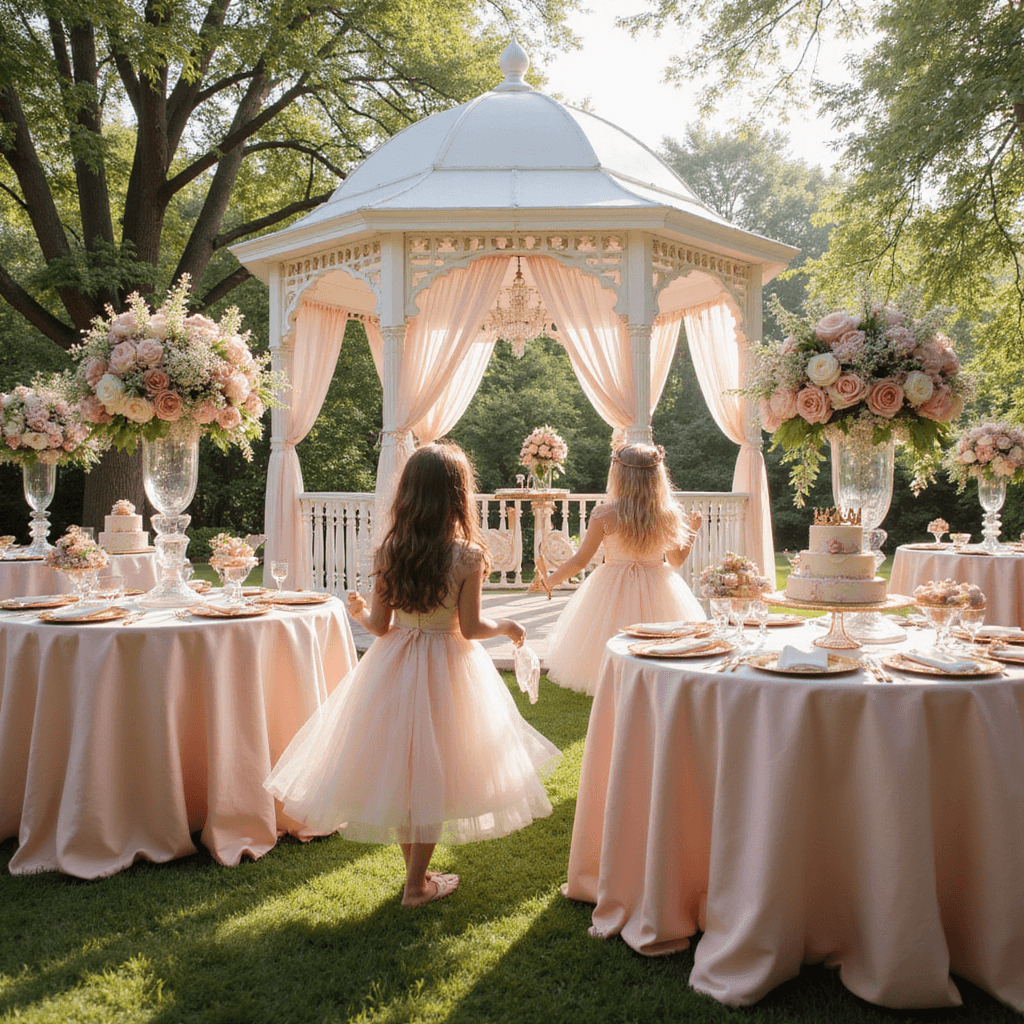 A whimsical birthday party in a sunlit garden features a grand white gazebo draped in tulle and fairy lights, surrounded by blush pink tables with floral centerpieces, gold tiaras as place settings, and a lavish dessert table showcasing a tiered castle cake and pastel treats, while little girls in tulle dresses play joyfully.