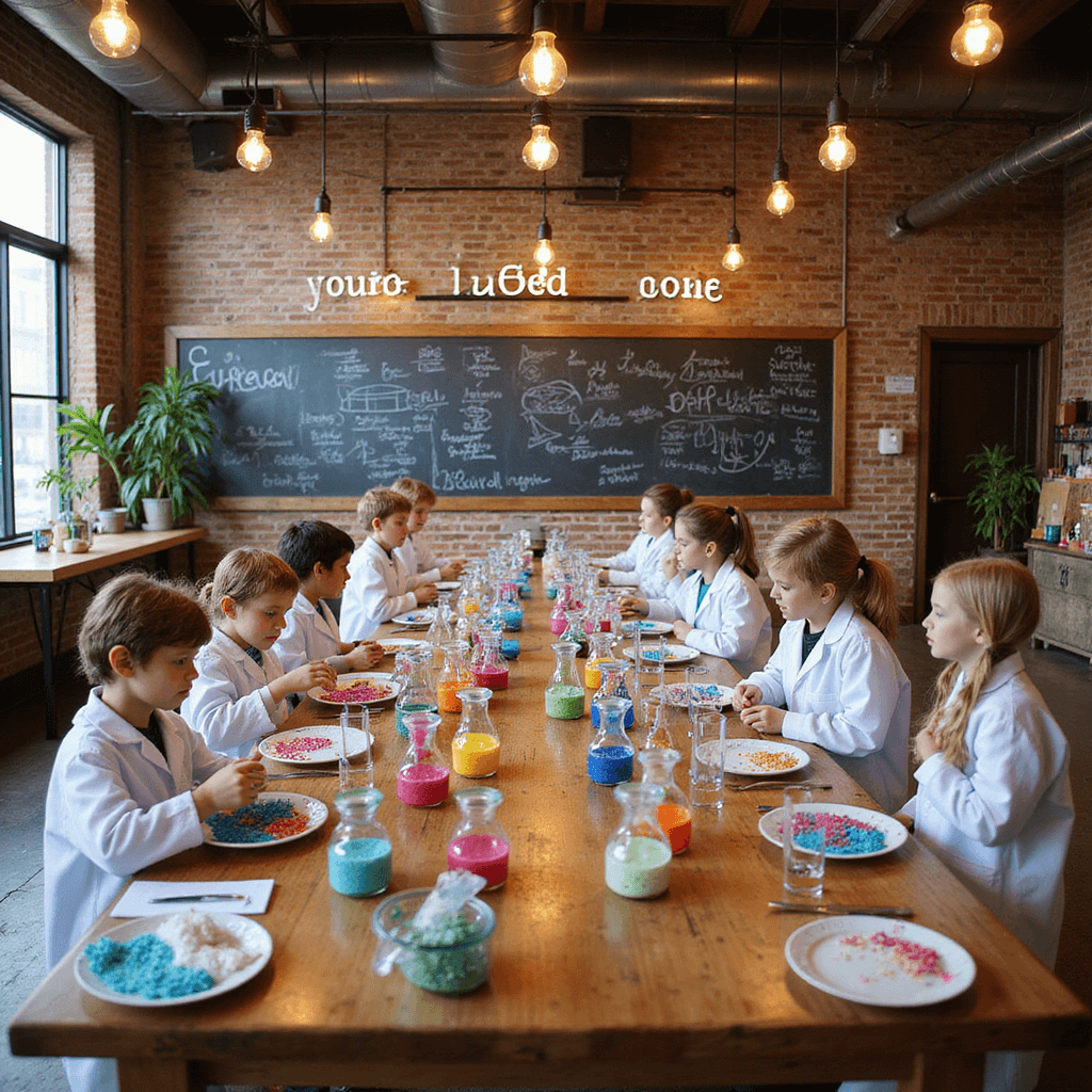 A vibrant DIY Science Lab party in a modern loft with wooden tables set up for young scientists, featuring lab coats and goggles, colorful test tubes and beakers, chalkboards with scientific formulas, Edison bulbs, neon signs, a dry ice station, and a slime-making area with glittery concoctions.