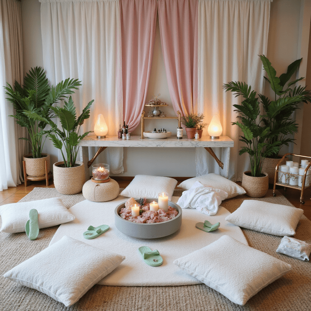 Luxurious spa day setup in a cozy living room with plush cushions, rose quartz crystals, candles, and pampering stations featuring face masks and aromatherapy oils, surrounded by potted plants and a trickling fountain, illuminated by Himalayan salt lamps.