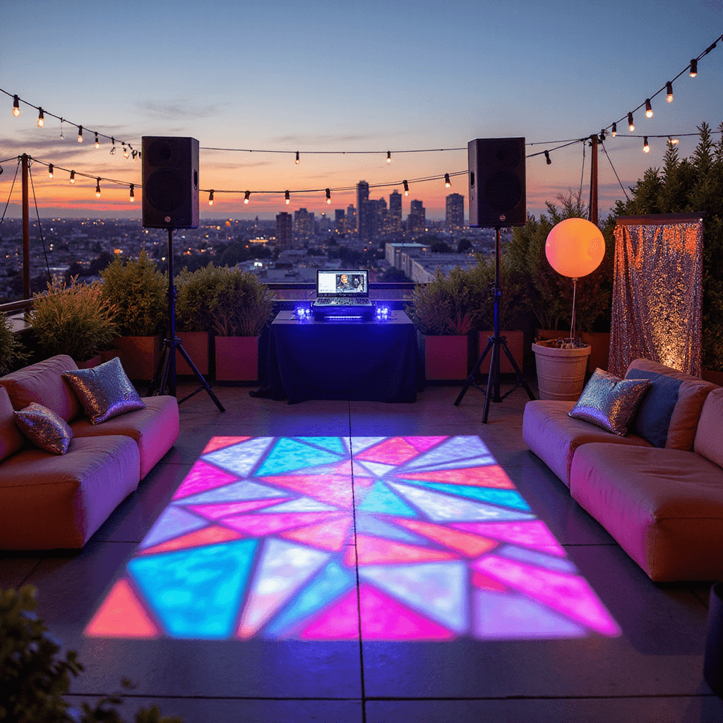A vibrant rooftop dance party filled with colorful lights, a professional DJ booth, bold modular seating, oversized neon balloons, and a sequined photo booth backdrop, as the sun sets.