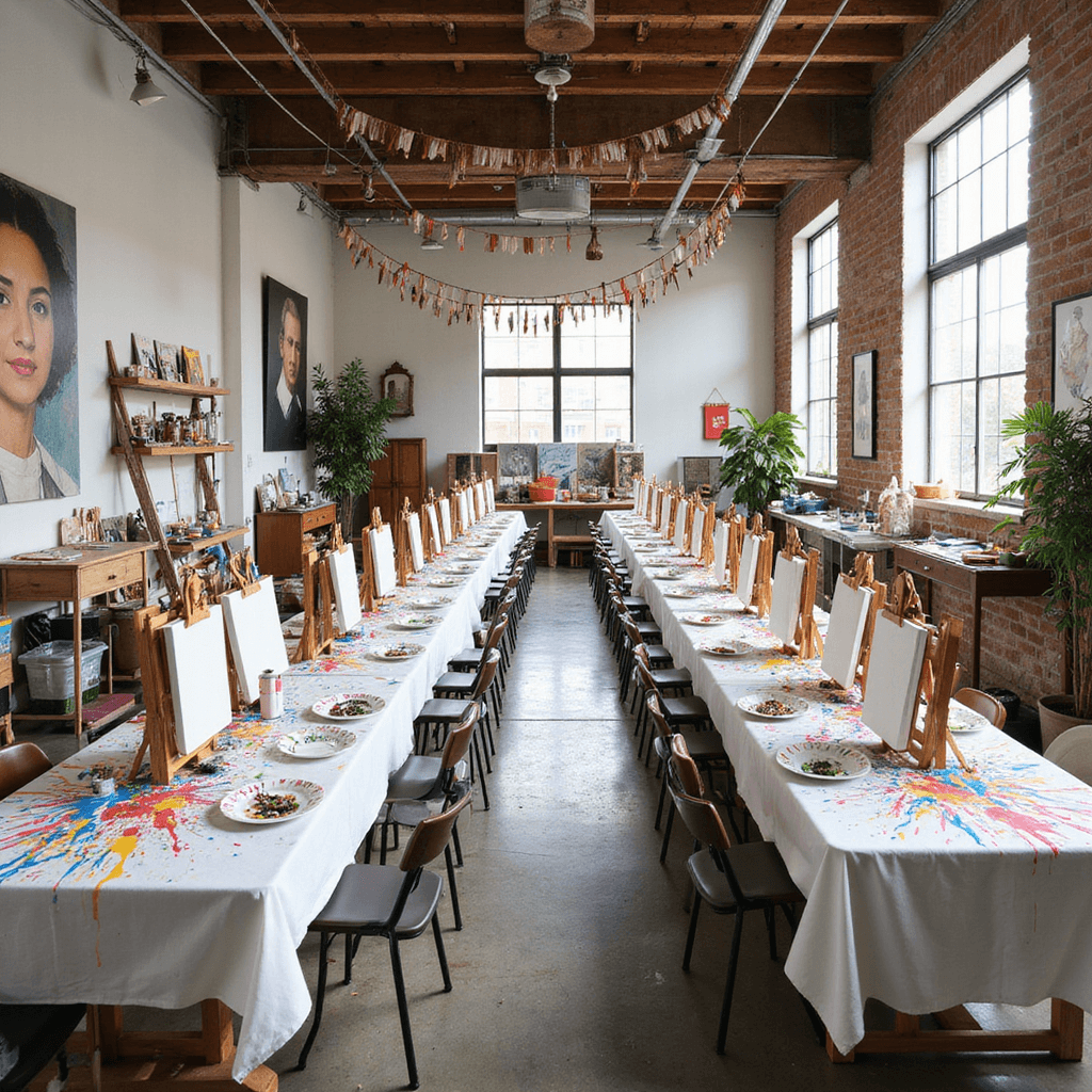 A vibrant art studio party in a converted warehouse, featuring colorful tables with easels and paint supplies, adorned walls with famous artworks, a bustling supply station, and natural light streaming in.