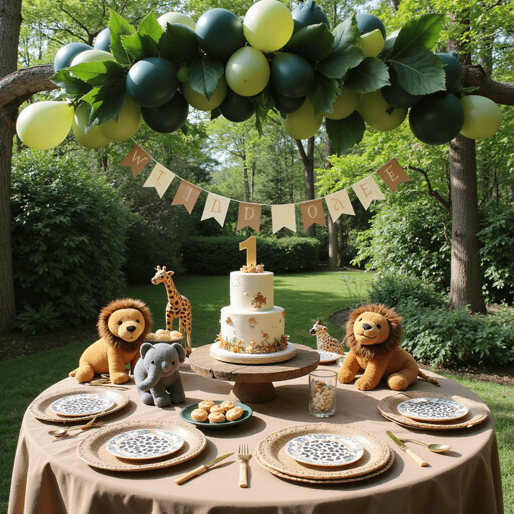 A vibrant sunlit garden party setup for a 'Wild One Safari Adventure' first birthday, featuring a round table with a khaki linen tablecloth, a multi-tiered jungle-themed cake, animal-print cookies, stuffed animals, an overhead canopy of green leaf-shaped balloons, and a 'Wild One' burlap banner in the background.