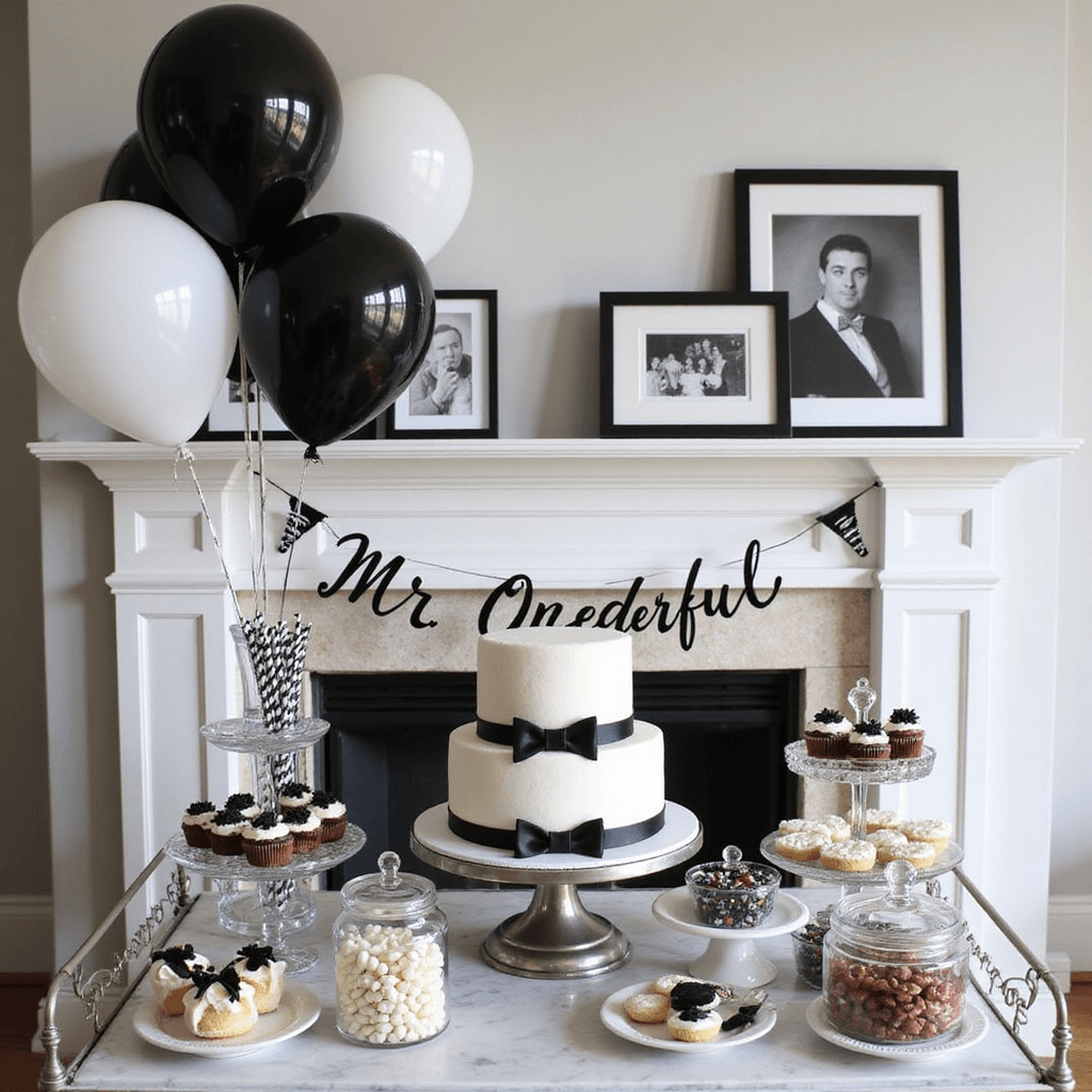 A chic living room celebration for 'Mr. Onederful,' featuring a two-tier white fondant cake with black bow tie details on a marble dessert cart, surrounded by glass jars of black and white candies, tuxedo cupcakes on tiered platters, and black, white, and silver balloons above, with a fireplace mantel decorated with a stylish 'Mr. Onederful' banner and framed photos of the birthday boy.
