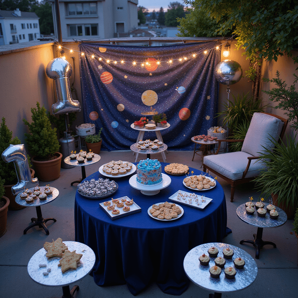 A whimsical rooftop party setup themed 'Space Explorer: First Trip Around the Sun,' featuring a central circular dessert table draped in deep blue velvet, surrounded by satellite tables with metallic surfaces. The highlight is a 3D rocket ship cake surrounded by star-shaped cookies, planetary cake pops, and astronaut-themed cupcakes, all under twinkling fairy lights and complemented by large silver mylar number '1' balloons and a shimmering cosmic backdrop.