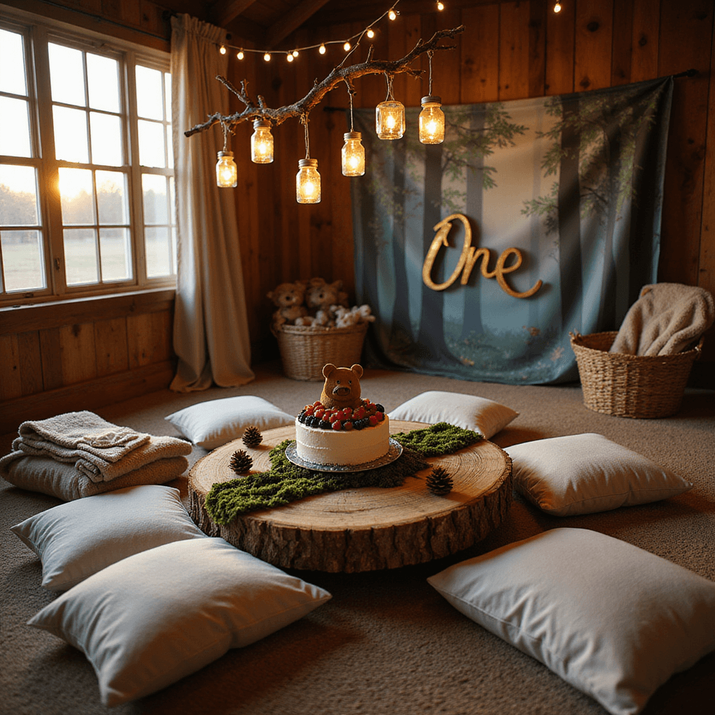 An intimate woodland-themed party in a rustic barn with golden hour lighting, featuring a tree trunk table adorned with a decorated naked cake, plush floor cushions, moss runners, and stuffed woodland animals, alongside hanging mason jar lanterns and a DIY painted forest backdrop.