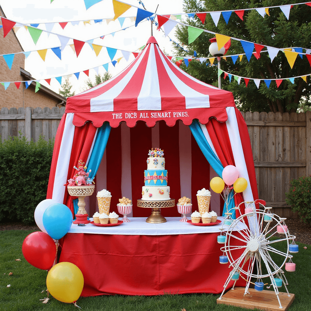 A vibrant backyard circus celebration featuring a red and white striped tent, a dessert table designed like a ticket booth, a three-tier circus cake adorned with elephants, clowns, and a big top tent, surrounded by circus-themed treats like cake pops, cotton candy, and popcorn cupcakes, with whimsical balloon animals, oversized lollipops, and a mini Ferris wheel in the foreground, all decorated with colorful pennant flags overhead.