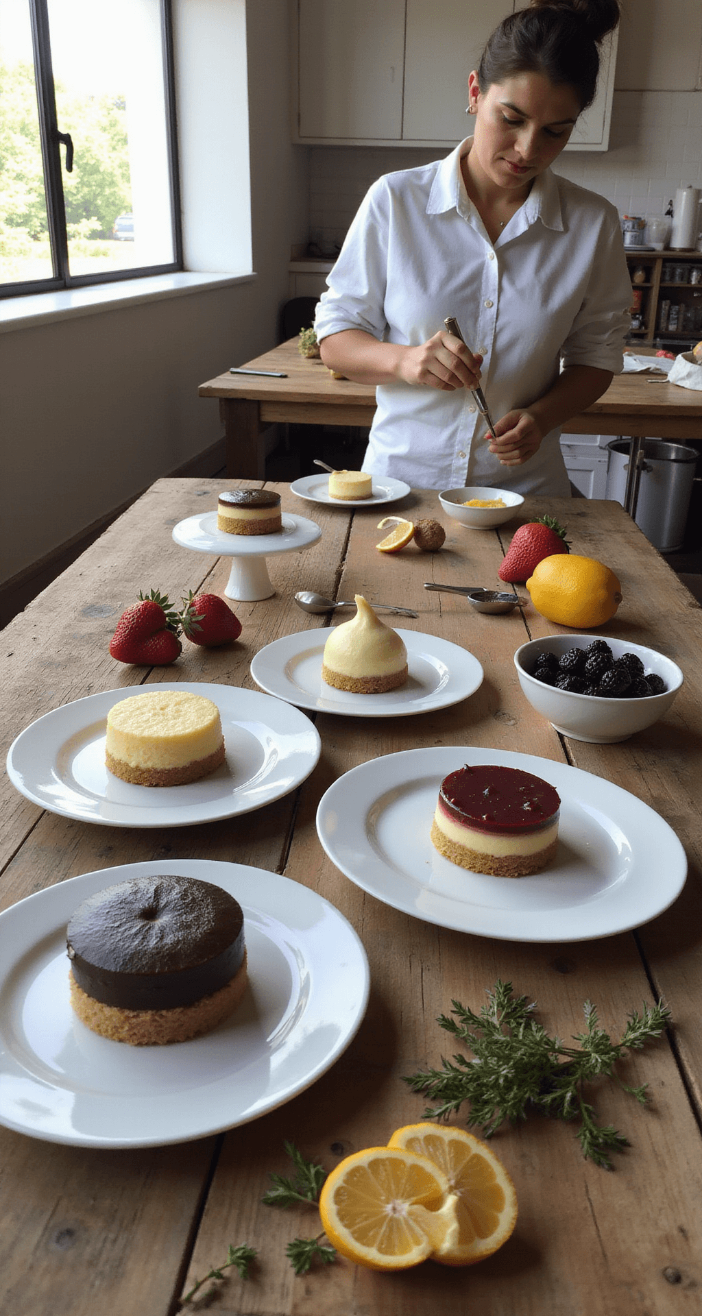 Artisanal baker's workspace with natural light, featuring elegantly plated cake samples, professional piping tools, fresh fruits, and botanical garnishes on a rustic wooden surface.