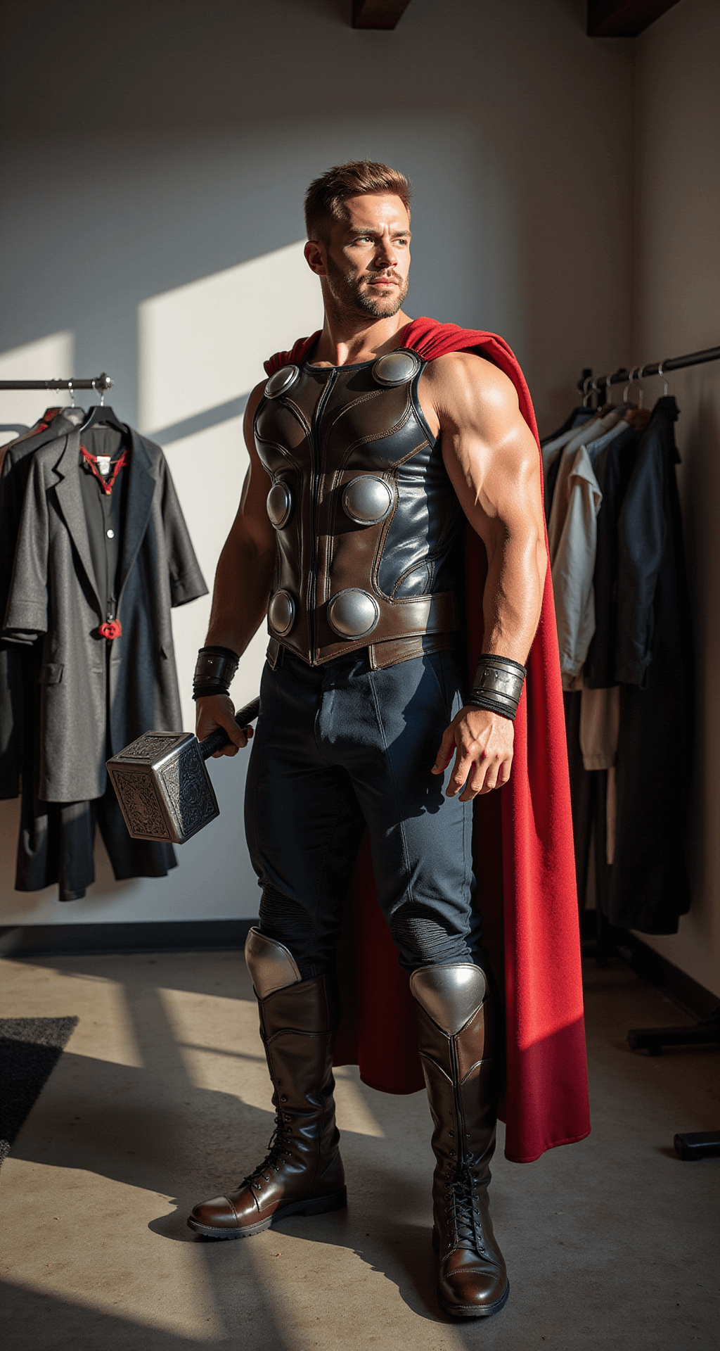 A muscular man in a minimalist home gym tries on a movie-quality Thor costume with a foam muscle suit, cape, and Mjolnir prop, as dramatic late afternoon light emphasizes the metallic details and leather-like materials, with costume pieces displayed on a nearby clothing rack.