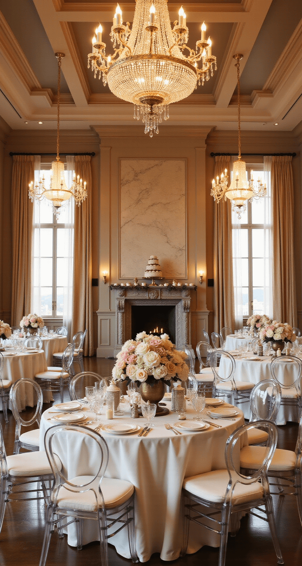 A wide-angle view of a grand ballroom at golden hour, featuring 20-foot ceilings, crystal chandeliers, round tables with ivory silk linens, blush garden roses and white peonies in mercury glass vessels, ghost chairs, sheer champagne drapery, a marble fireplace with an elaborate dessert display, and soft uplighting against architectural columns.