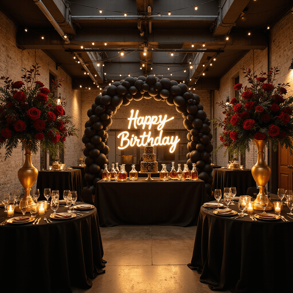 Sophisticated Black & Gold Luxe birthday party setup in a dimly lit loft, featuring round tables with black linens, towering floral centerpieces, a matte black and gold balloon arch, a neon 'Happy Birthday' sign, a whiskey bar with crystal decanters, and an opulent three-tiered cake.