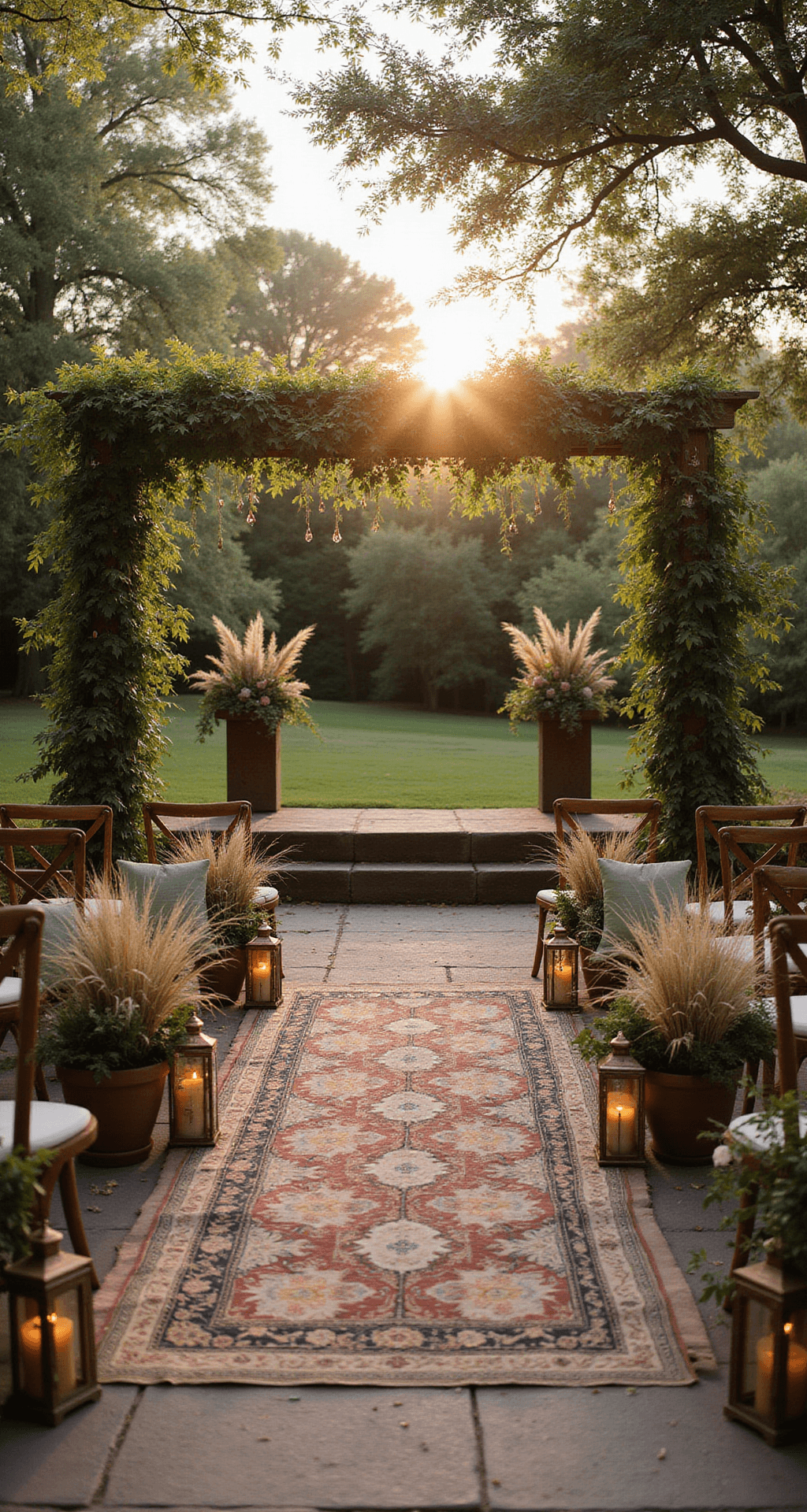 An intimate garden ceremony at sunset featuring a wooden pergola draped in jasmine and café lights, with vintage Persian rugs lining the aisle, surrounded by wild grasses and dahlia arrangements in terracotta pots, wooden cross-back chairs with sage green cushions, and dappled golden light filtering through the trees onto the stone pathway, accented by copper lanterns with flickering candles.