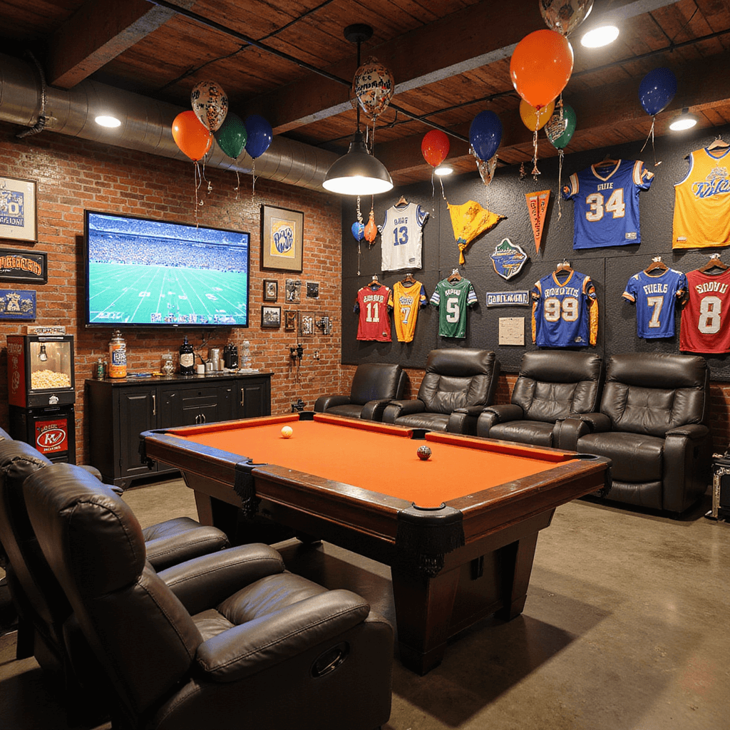 An energetic sports fan cave celebration in a converted garage, featuring bright lighting, walls adorned with jerseys and pennants, a custom pool table, leather recliners facing a large TV, a snack station with a popcorn machine and beer tap, colorful team balloons, and a basketball hoop, captured from a low angle to emphasize the lively atmosphere.