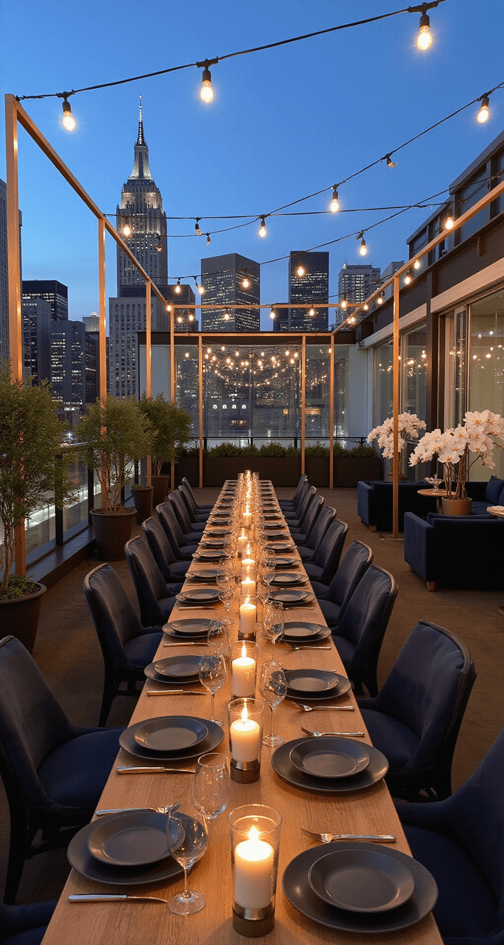 A modern rooftop celebration at blue hour featuring geometric copper frames as a backdrop, long communal tables with slate chargers and matte black flatware, smoke gray taper candles in brass holders, suspended Edison bulb installations, potted olive trees, white orchids, glass barriers reflecting city lights, and velvet lounge furniture in deep navy.