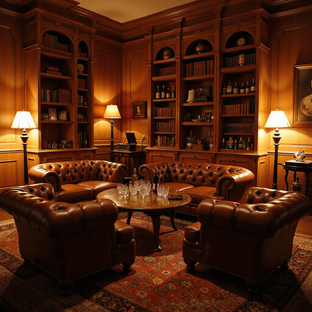 An intimate whiskey lounge birthday gathering featuring deep leather Chesterfield sofas, warm amber lighting, a low table with crystal tumblers and rare whiskeys, leather-bound bookshelves, and a vintage globe bar cart, all enveloped in a cozy atmosphere enhanced by soft jazz from a retro record player.