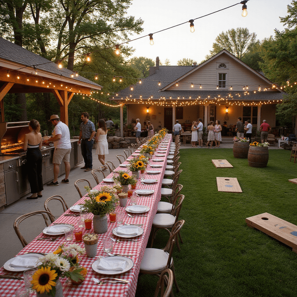 A vibrant outdoor BBQ gathering at golden hour with string lights, a long farmhouse table adorned with a red gingham tablecloth, enamelware dishes, sunflowers in galvanized buckets, a grill master cooking, and guests enjoying lawn games on manicured grass.