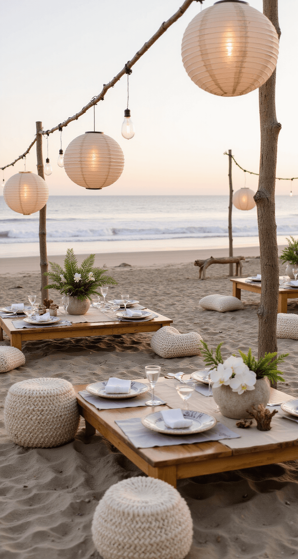 A beachfront welcome party at magic hour with low wooden tables in the sand, surrounded by cream cushions, driftwood accents, and paper lanterns overhead, featuring Mediterranean appetizers on shell-encrusted chargers and palm frond arrangements.