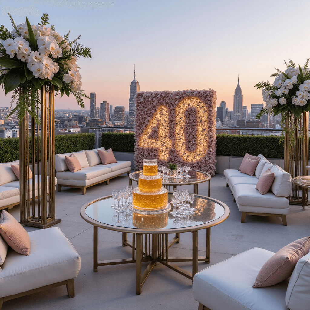 An elegant rooftop terrace set for a 40th birthday celebration, featuring panoramic city views at sunset with soft pink and orange hues. Glass high-top tables with tall floral arrangements of white orchids and greenery, a central champagne tower, sleek white lounge furniture, and a custom photo wall with a 3D '40' installation covered in fresh roses.