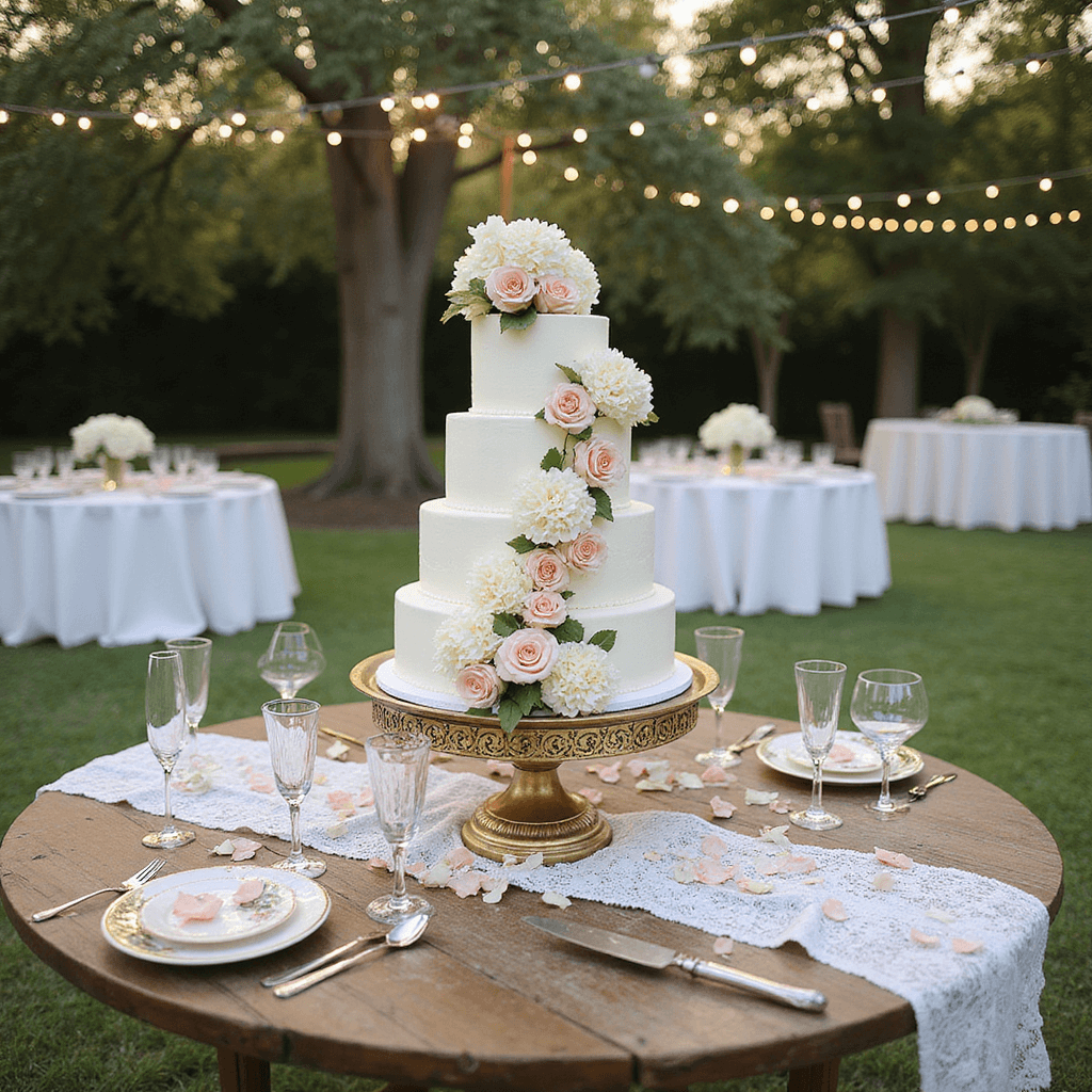 A sunlit garden wedding reception featuring a grand white tiered cake adorned with hydrangeas and roses, positioned on a vintage wood table with lace drapery, surrounded by dessert plates, champagne flutes, and rose petals, with round tables and twinkling string lights in the background.
